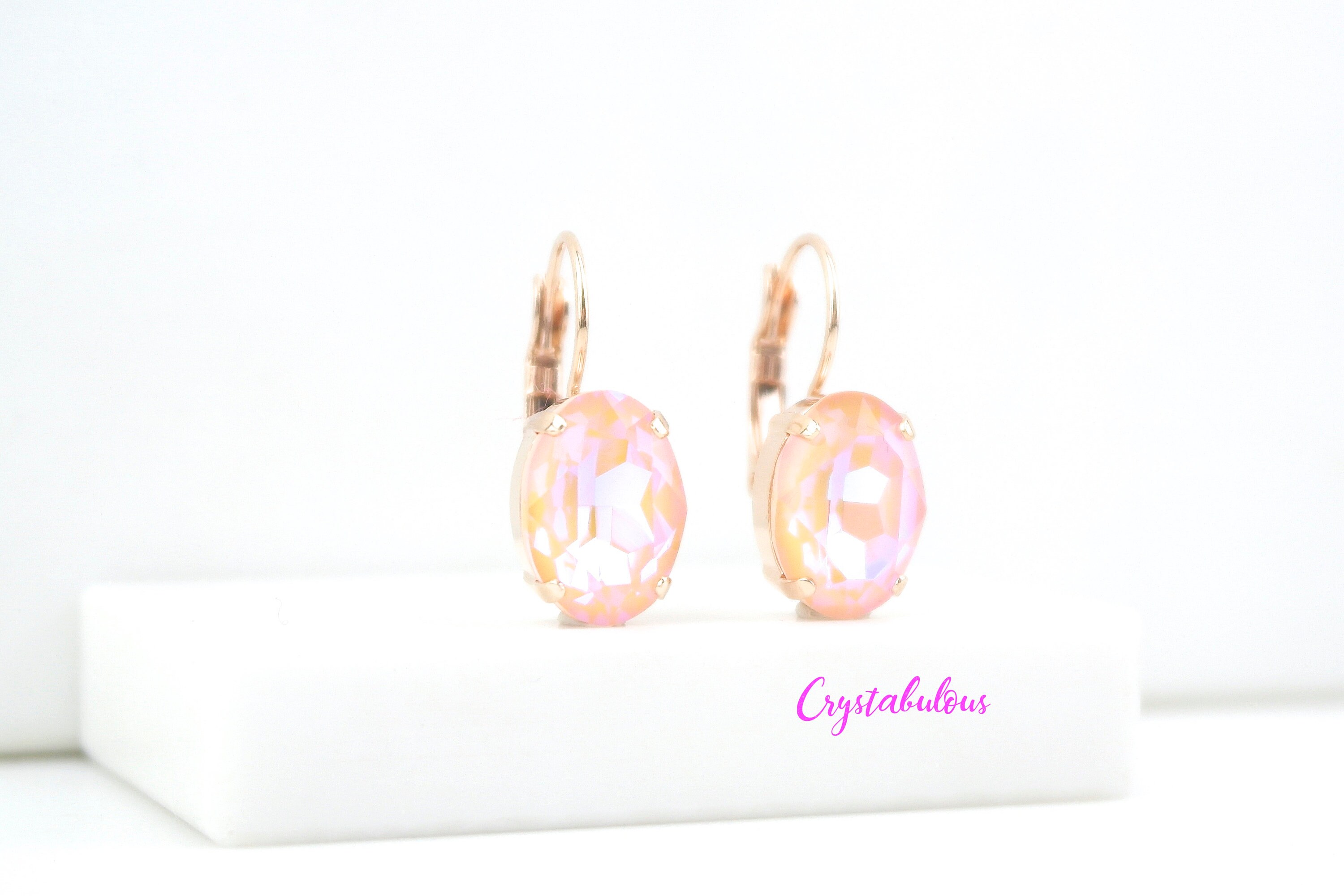 Boucles D'oreilles Chaîne Argent 925 Perles Cristal Autrichien Rose Peach - Neuf