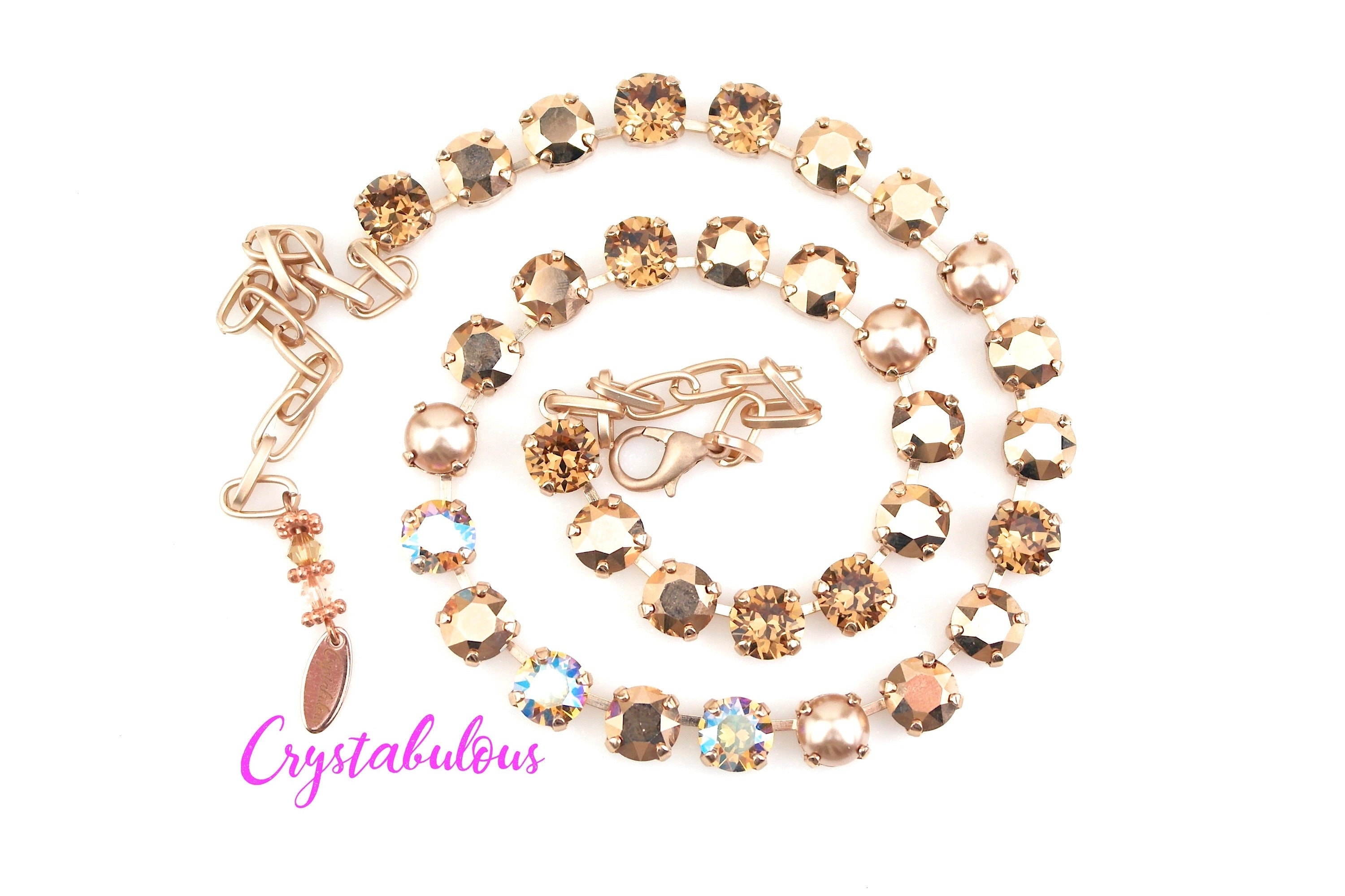 Rose Gold Premium Crystal and Pearl Necklace, Renowned Brand Fine Crystal in Light Peach and Rose Gold Chrome Crystals, Handmade Unique 8mm