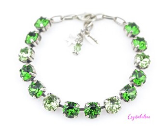 Handmade Green Swarovski Crystal Bracelet: Antique Silver Plated, 8mm