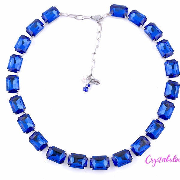 Deep Sapphire Blue Octagon Premium Crystal Necklace, Renowned Brand Fine Crystal, Handmade Anna Wintour Colette Georgian Necklace, 18x13mm
