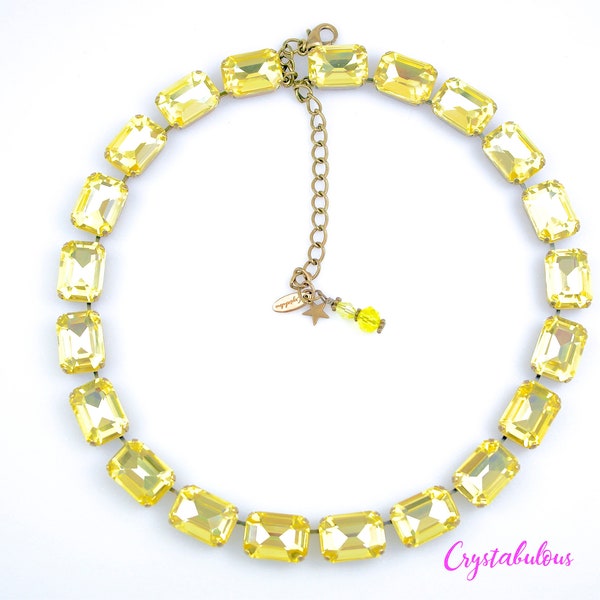 Bright Yellow Octagon Premium Crystal Necklace, Renowned Brand Fine Crystal, Handmade Anna Wintour Colette Georgian Necklace, 18x13mm