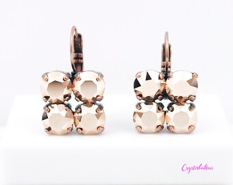 Rose Gold Crystal Earrings: Chrome Square Lever Back, 8mm