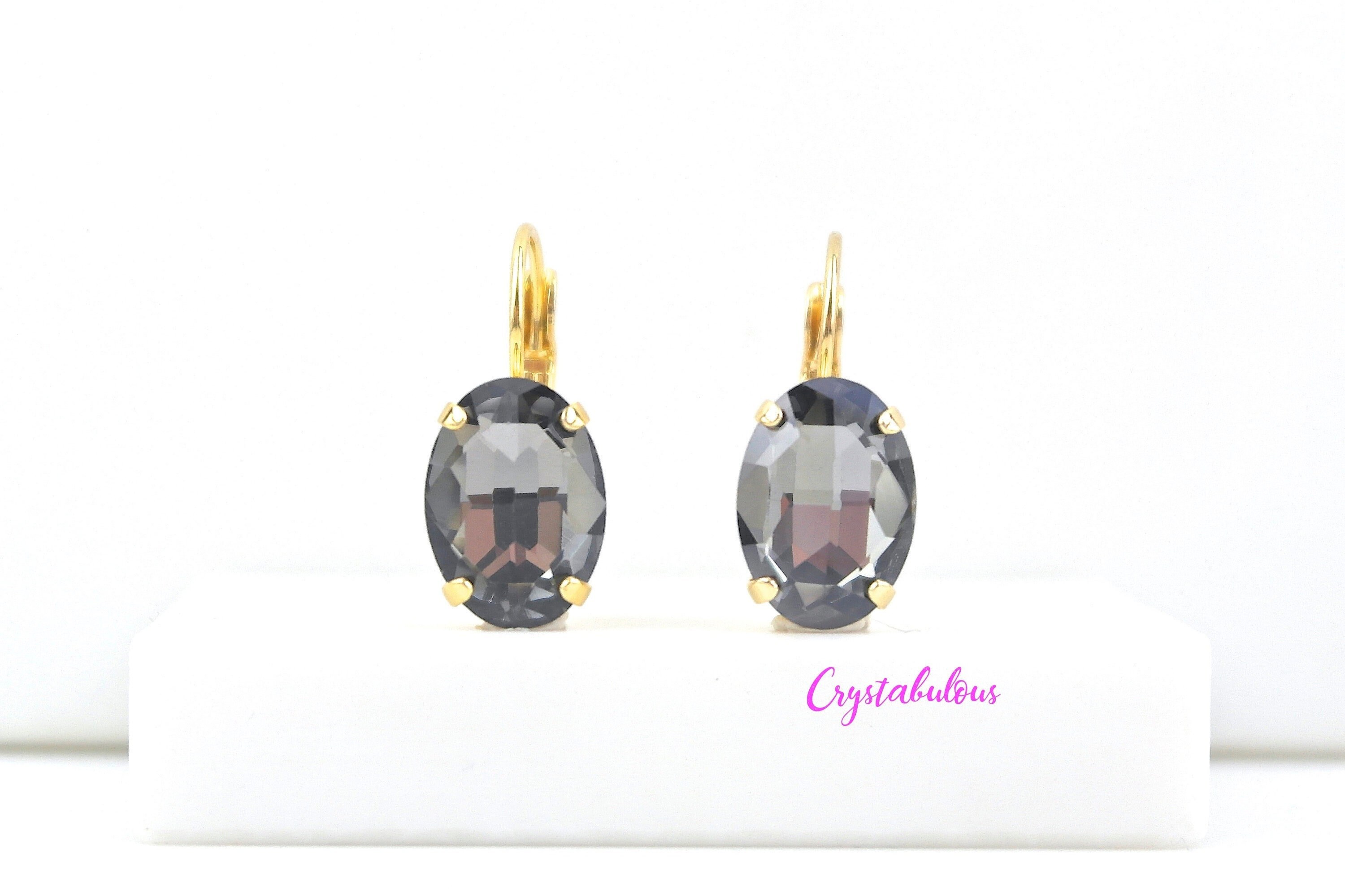 Black Premium Crystal Earrings, Renowned Brand Fine Austrian Crystal Dark Grey, Choose Your Plating, Oval Drop Dangle Lever Back 14x10mm