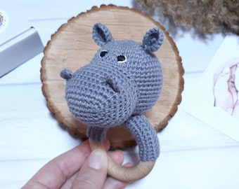 Baby rattle Hippo Expecting mom gift basket Congratulations pregnancy gift New baby gift basket Pregnancy announcement aunt Handmade item