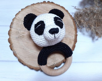 Baby rattle panda Gender reveal ideas Baby shower gift basket Congratulations pregnancy gift Expecting mom gift Wooden baby rattle