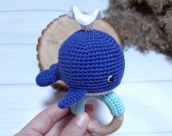 Baby rattle Blue whale Baby shower gift basket  New mom gift basket Wooden baby rattle Expecting mom gift basket Unique baby gift
