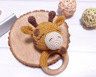 Baby rattle Amigurumi giraffe  Expecting mom gift  Giraffe baby shower  Baby boy gift Baby gift basketNew mom gift basket