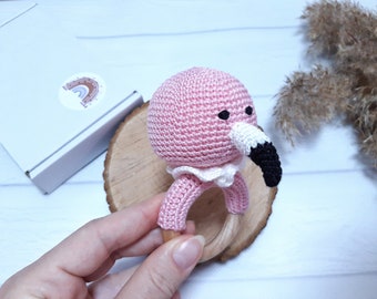 Crochet rattle Crochet flamingo   Wooden baby rattle Amigurumi toys Nursery first toy Expecting mum gift  Rattles with bell Rattle ring