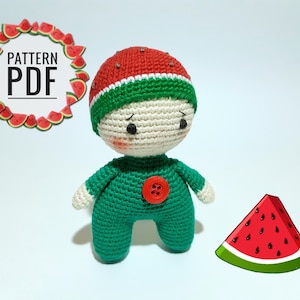 Amigurumi doll pattern Doll in  watermelon costume Crochet patterns Watermelon decor Crochet doll pattern Plushie pattern Amigurumi pattern