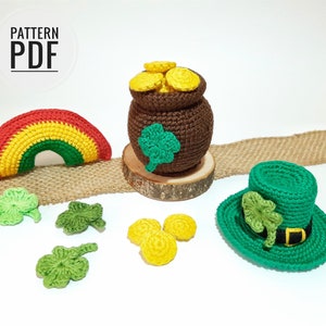 St patricks day crochet patterns St patricks day decor Pot of gold St patricks day ornament Mini Leprechaun hat Crochet rainbow