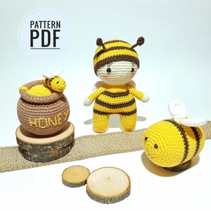Honey bee decor crochet patterns Crochet bee Bee decor Bee plush Bumble bee Amigurumi doll pattern Crochet pocket doll Honey pot Bee gifts