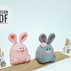 May include: Two crocheted bunny plushies, one pink and one gray, sitting on a burlap surface. The bunnies have embroidered faces and are holding a pink flower.