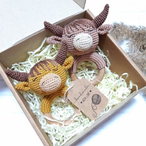 Crochet baby rattle Crochet cow  Crochet highland cow  Cow baby gift Wooden rattle Twins announcement Crochet farm animal Highland cow toy