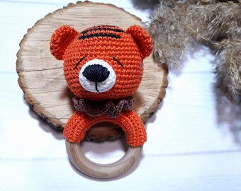 Crochet rattle tiger Baby boy gift basket  1st birthday gift girl Expecting mom gift Baby boy gift Woodland nursery decor Baby announcement
