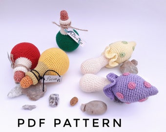 Patrones de crochet pdf Botella de poción de hongo mágico Patrón de bolsa de dados de crochet Peluche de hongo Frasco de poción de bruja Bolsa de dados de crochet de hongo
