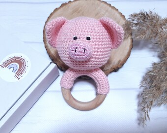 Baby rattle pig Unique baby gift  Baby girl gift basket Gender reveal ideas Pregnancy announcement  Expecting mom gift Handmade toys