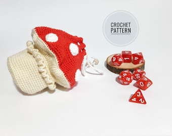 Crochet dice bag pattern Crochet mushroom Dice holder Dnd dice holder Drawstring dice bag Crocheted loot bag pattern Mushroom  pattern
