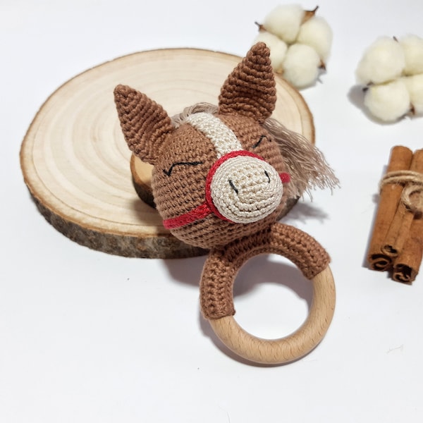 Crochet rattle horse Baby rattle Soft rattles Horse gifts Wooden baby rattle New mom gift Expecting mom gift New mom gift basket