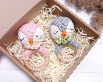 Baby rattle Penguin gift Baby shower gift basket   Pregnancy announcement aunt 1st birthday gift girl Baby girl gift basket  Cute plush
