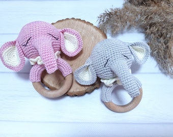 Twin baby gift Crochet rattle Crochet elephant Sleepy baby rattles Gift box for new twin mom Welcome baby gift basket Wooden baby rattle