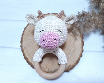 Baby rattle Crochet cow Crochet animal cow Baby gift basket Strawberry cow Baby cow crochet Highland cow toy