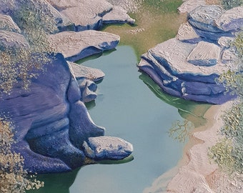 Peinture à l'huile de l'Auzon afluent de l'Ardèche sur toile de lin