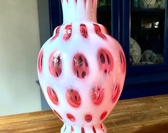 Vintage Fenton glass, Cranberry, coin dot, Opalescent, Ruffled Top Glass Vase, art glass, estate find, pink