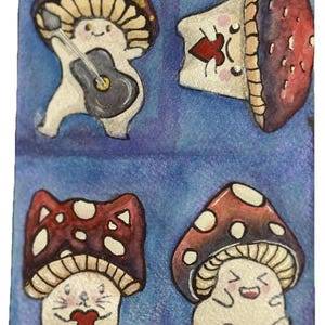 May include: Watercolor illustration featuring four whimsical mushroom characters on a blue background. One mushroom plays a guitar, another holds a playing card, a third is a cat holding a heart, and the last is smiling.