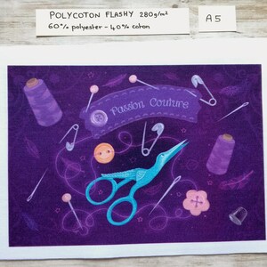 Illustrated fabric coupon "Passion couture" purple version - square and rectangular format - Velvet, polycotton, minky A5 Polycoton