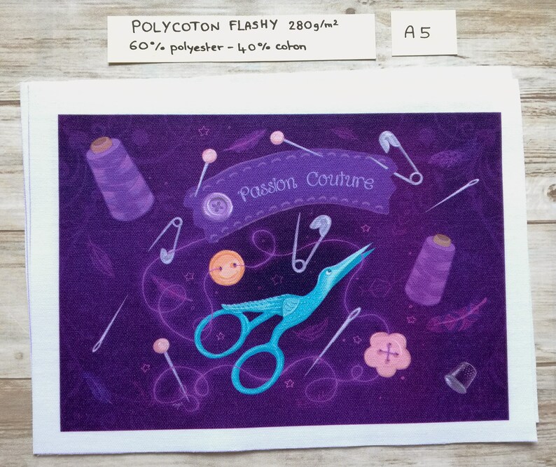 Illustrated fabric coupon "Passion couture" purple version - square and rectangular format - Velvet, polycotton, minky A5 Polycoton