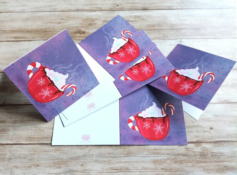 Greeting card illustrated cocooning Cup of hot chocolate Per batch of 5 or unit With selective varnish Carterie/papeterie image 5