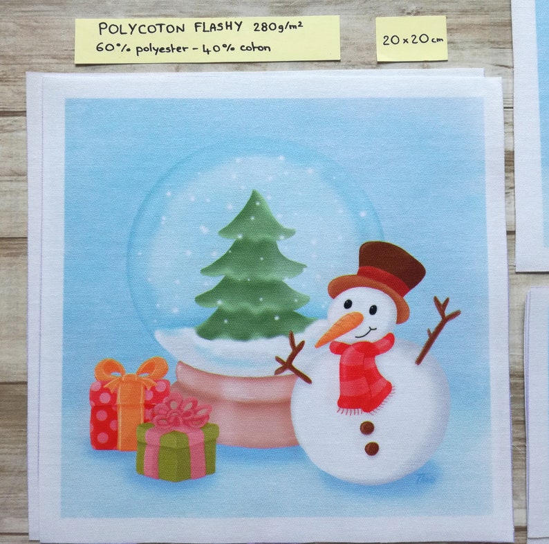 Illustrated fabric coupon Snowball Available in Polycotton and Soft Velvet, square format 10, 15, 20 cm 20x20 Polycoton