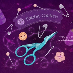 Illustrated fabric coupon "Passion couture" purple version - square and rectangular format - Velvet, polycotton, minky image 1