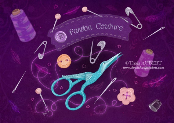 Coupon de tissu illustré "Passion couture" version violette - format carré et rectangulaire - Velours, polycoton, minky