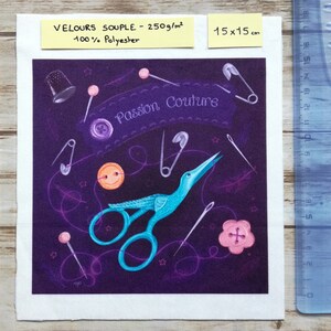 Illustrated fabric coupon "Passion couture" purple version - square and rectangular format - Velvet, polycotton, minky 15x15 velours souple