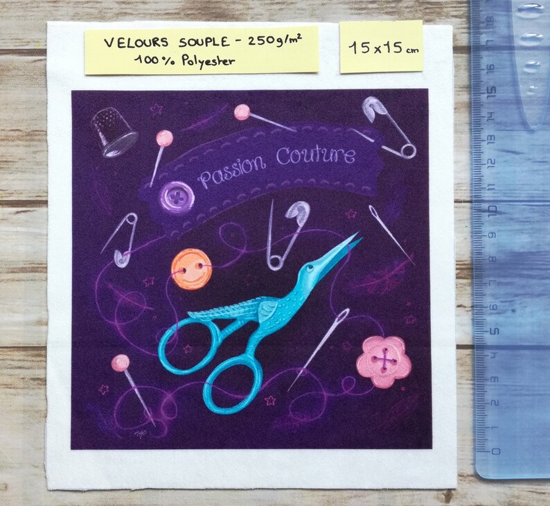 Illustrated fabric coupon "Passion couture" purple version - square and rectangular format - Velvet, polycotton, minky 15x15 velours souple