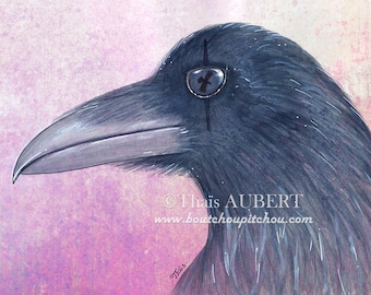 Illustrated fabric coupon "Raven" - Illustration by Thaïs Aubert - Soft velvet, Minky, Polycotton, or Half-Natty Canvas