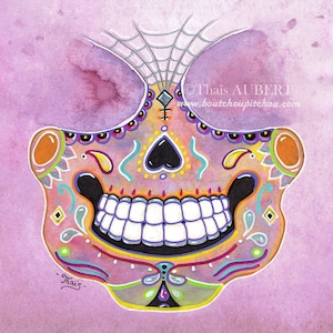 Illustrated fabric coupon &quot;Calavera&quot; - Mexican skull - Polycotton or Minky