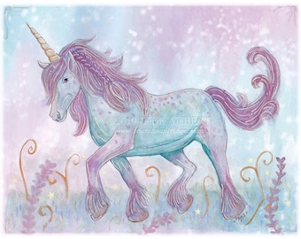 Coupons of illustrated fabric "Blue Unicorn" to sew or frame - Polycotton, Soft Velvet, Cotton Satin, Waterproof Fabric, Minky