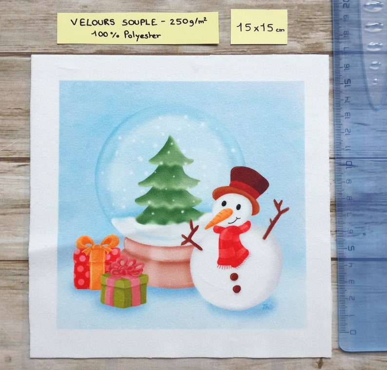 Illustrated fabric coupon Snowball Available in Polycotton and Soft Velvet, square format 10, 15, 20 cm 15x15 Velours souple