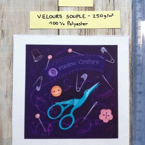 Illustrated fabric coupon "Passion couture" purple version - square and rectangular format - Velvet, polycotton, minky 10x10 velours souple