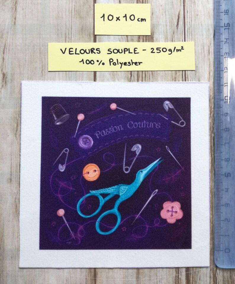 Illustrated fabric coupon "Passion couture" purple version - square and rectangular format - Velvet, polycotton, minky 10x10 velours souple
