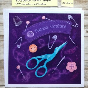 Illustrated fabric coupon "Passion couture" purple version - square and rectangular format - Velvet, polycotton, minky 20x20 Polycoton