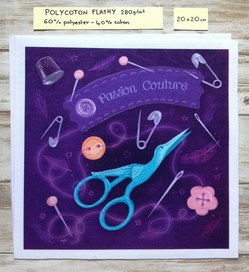 Illustrated fabric coupon "Passion couture" purple version - square and rectangular format - Velvet, polycotton, minky 20x20 Polycoton