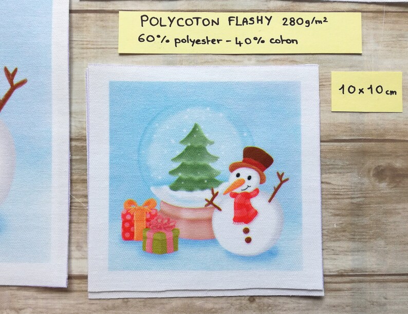 Illustrated fabric coupon Snowball Available in Polycotton and Soft Velvet, square format 10, 15, 20 cm 10x10 Polycoton x2