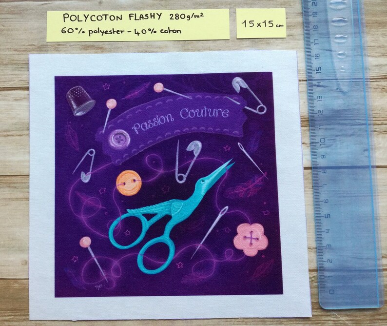 Illustrated fabric coupon "Passion couture" purple version - square and rectangular format - Velvet, polycotton, minky 15x15 polycoton