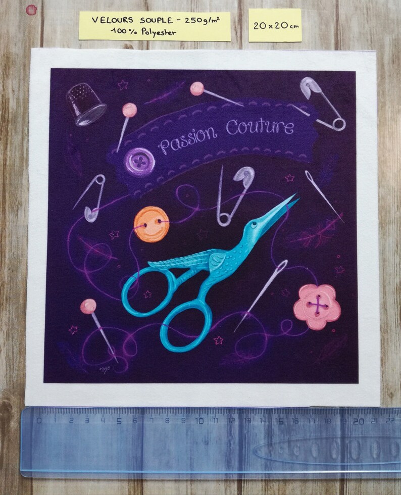Illustrated fabric coupon "Passion couture" purple version - square and rectangular format - Velvet, polycotton, minky 20x20 velours souple