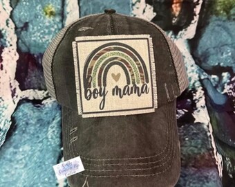 B0y mama camo rainbow hat| Distressed Criss-Cross high Ponytail Cap With Patch | gift for mom | mothers day gift | b0y mom