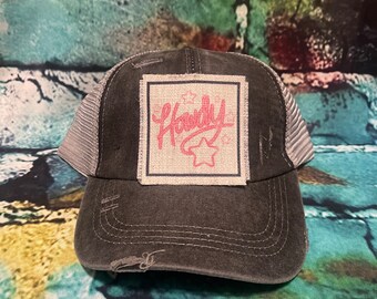 Howdy (pink) patched ponytail hat | country mama | country girl | western girl hat | country boot hat | turquiose lover