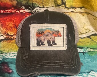 Stay wild western bear patched ponytail hat gift for mom | bull head saying | stay wild western hat | mom hat for summertime